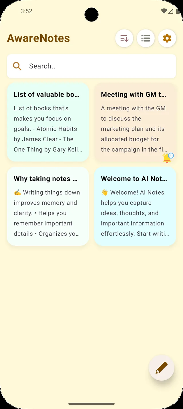 AwareNotes home screen showing colorful organized notes